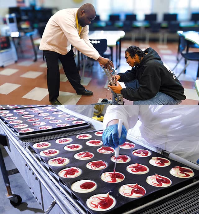 Teacher with student and food prep